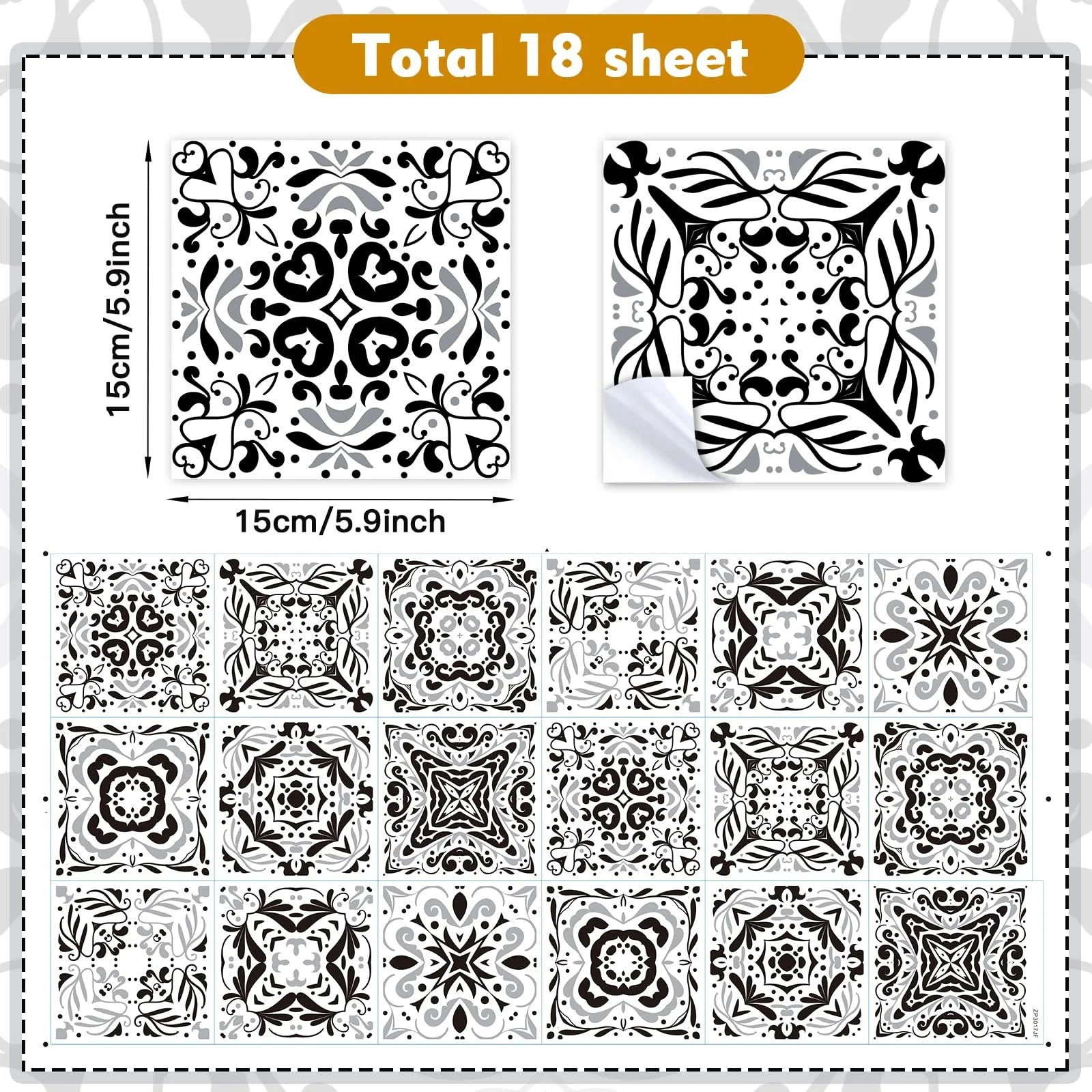Наклейки для плитки TOARTI Pack of 18 Mosaic 15 x 15 см Чорно-сіро-білі, фото №4