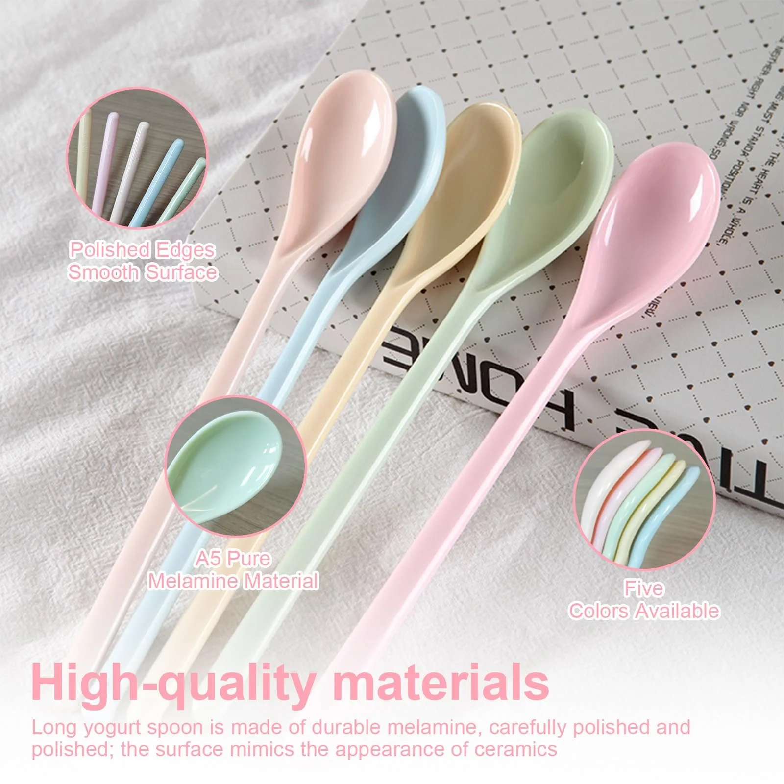 Набор пластиковых ложек 5 шт, длинные, меламиновые ложки для йогурта, цветные десертные ложки, дизайн имитация керамики, ложки для варенья, для кофе, яиц, йогурта, фото №3