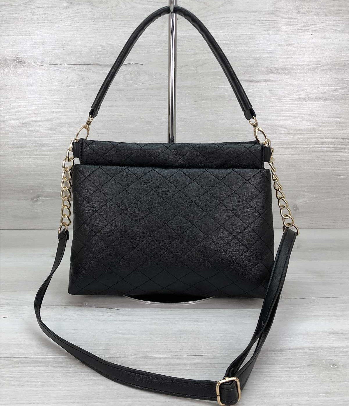 Жіноча чорна сумка на плече з довгим і коротким ременем, з ланцюжком, фото №2