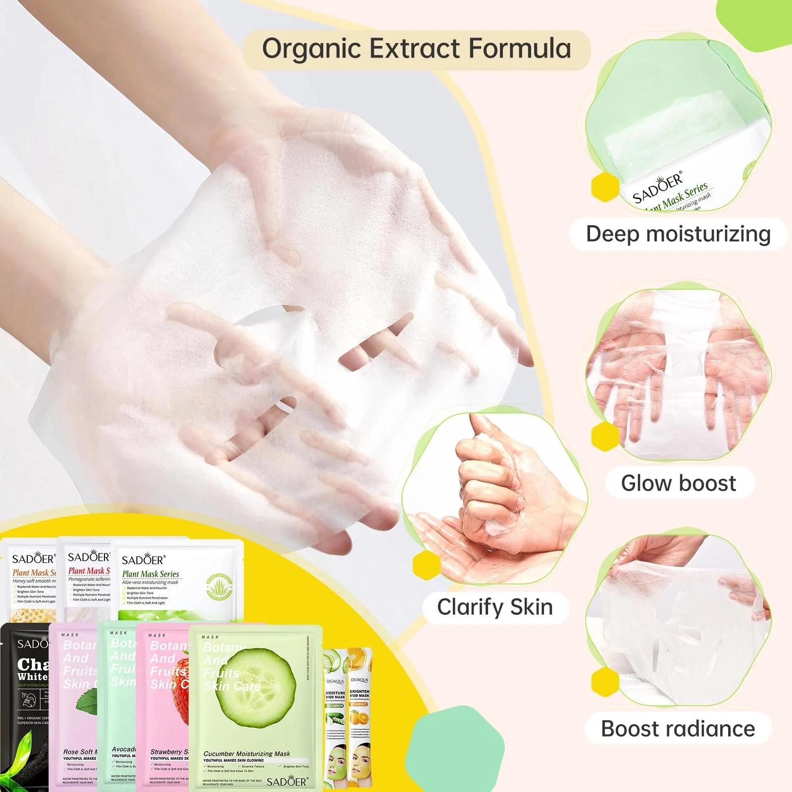 Маска для лица Набор для ухода за кожей (Упаковка 8+2) Тканевая маска для лица с коллагеном для всех типов кожи, Увлажняющие маски для лица Подарки для женщин, Мужчин, Девушек для вечеринки Spa Уход за кожей, фото №4