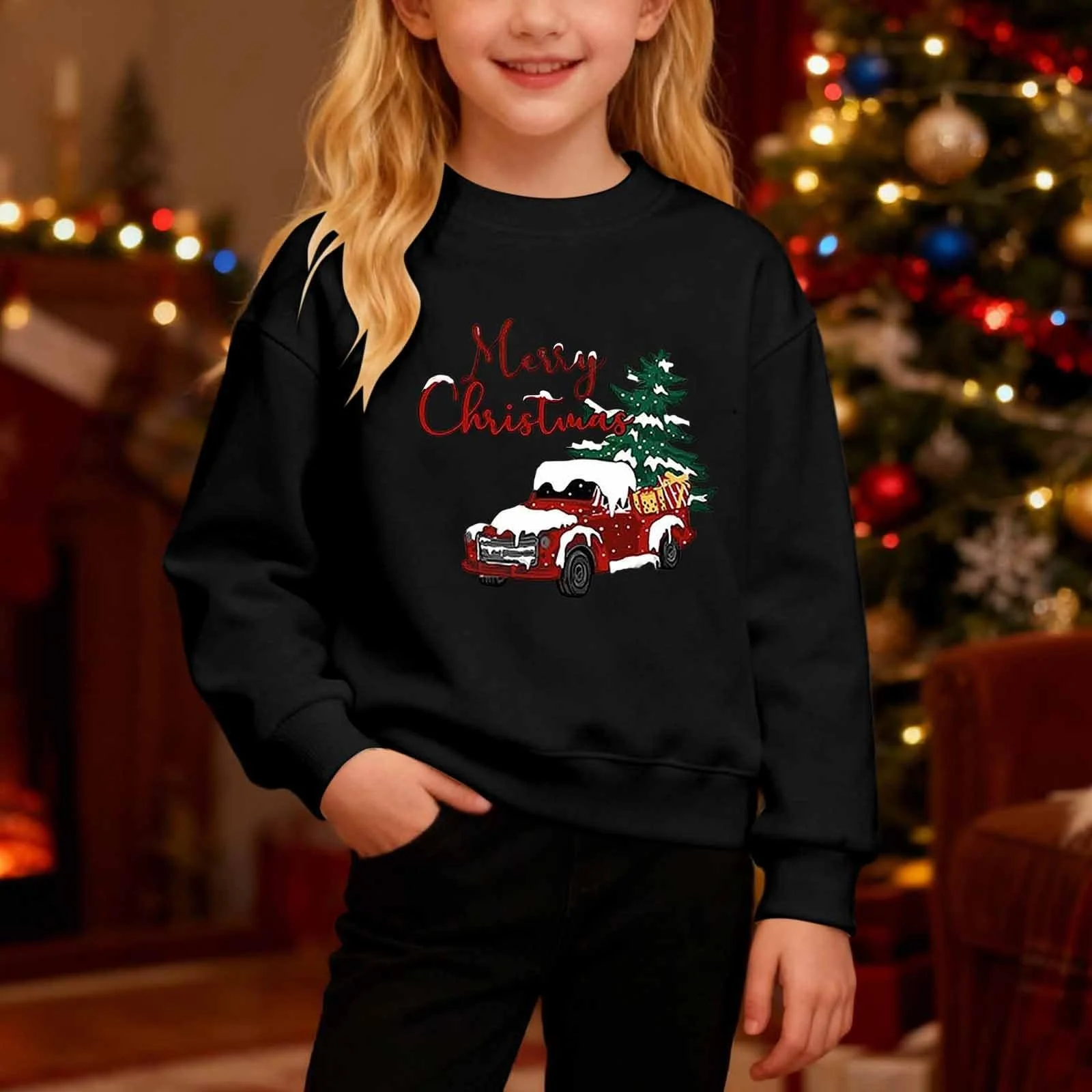 Пуловер для девочки Печатный пуловер с круглым вырезом и длинными рукавами Флисовая толстовка Мягкая повседневная одежда, фото №3