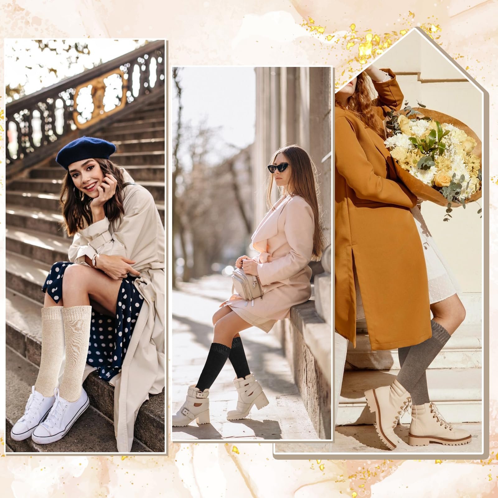 Носки выше колена VEGCOO Теплые толстые, 4 пары, Женские хлопковые зимние, Вязаные чулки, Вязаные носки выше колена, черный, фото №7