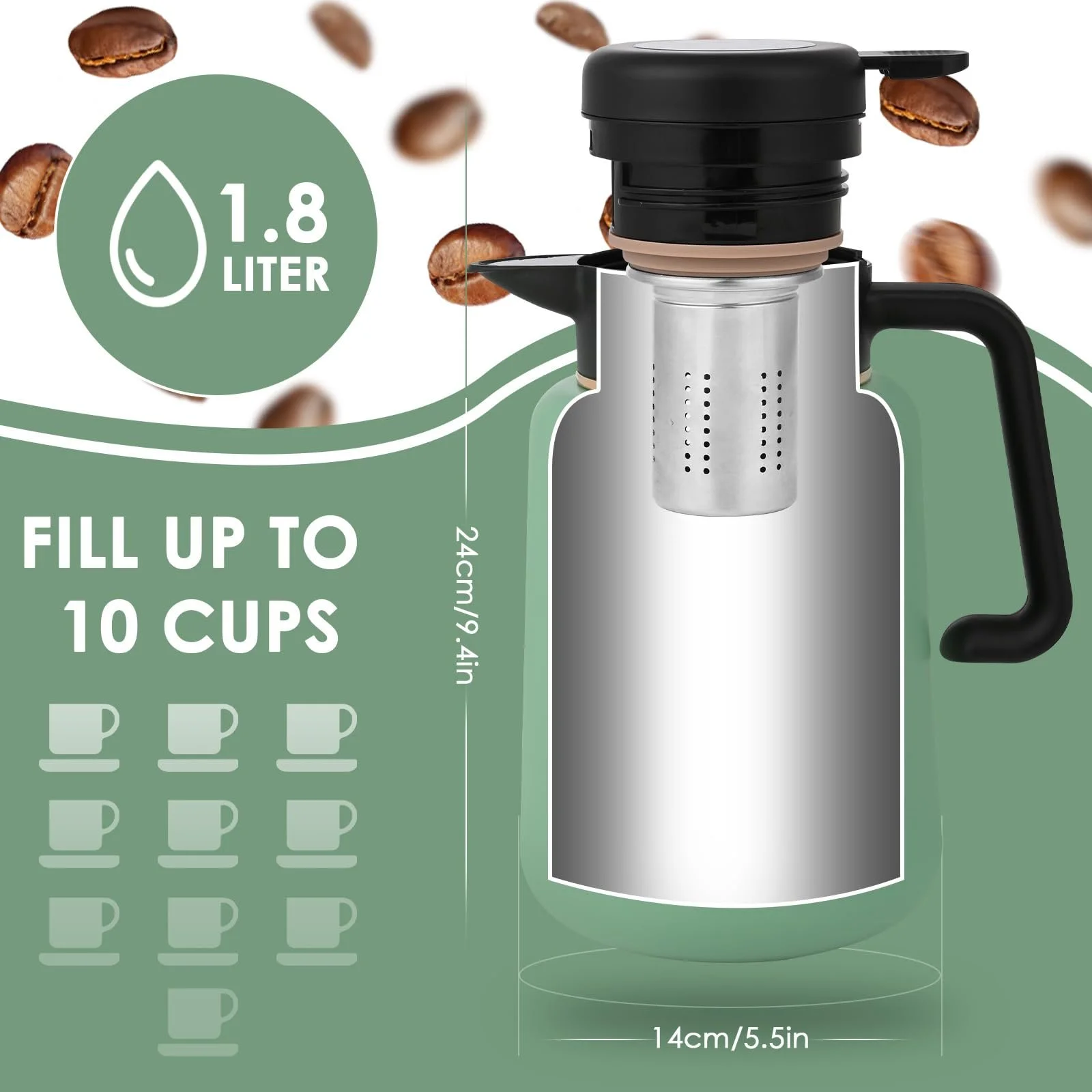 Термос-кавник Dreamhigh 1.8 Л з чайним фільтром, Ізольований глечик з дисплеєм температури, фото №3