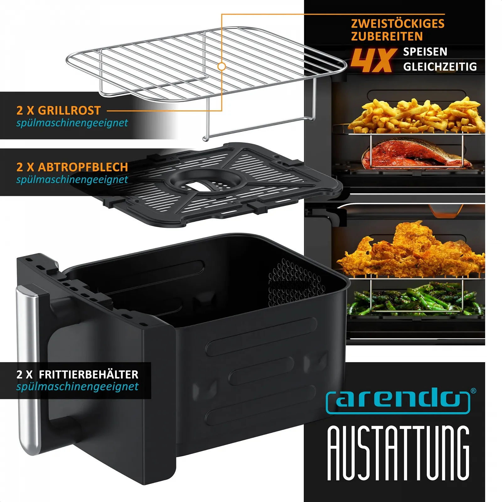 Мультипіч Arendo Dual Zone Double Chamber XXL 11 л 2 камери Сенсорна панель BPA Free Система 3D-конвекції Двоярусна, фото №6 Мультипіч Arendo Dual Zone Double Chamber XXL 11 л 2 камери Сенсорна панель BPA Free Система 3D-конвекції Двоярусна, фото №6