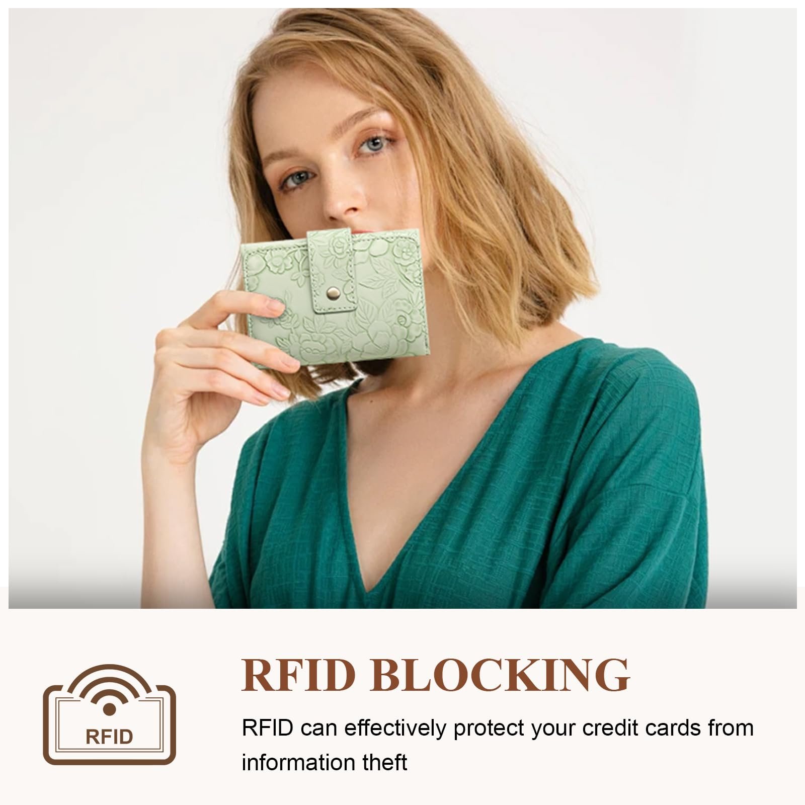 Кошелек SENDEFN Женский Средний Кожаный Кошелек с Отделением для Монет и RFID Защитой, Зеленый с Принтом, На Застежке, фото №7