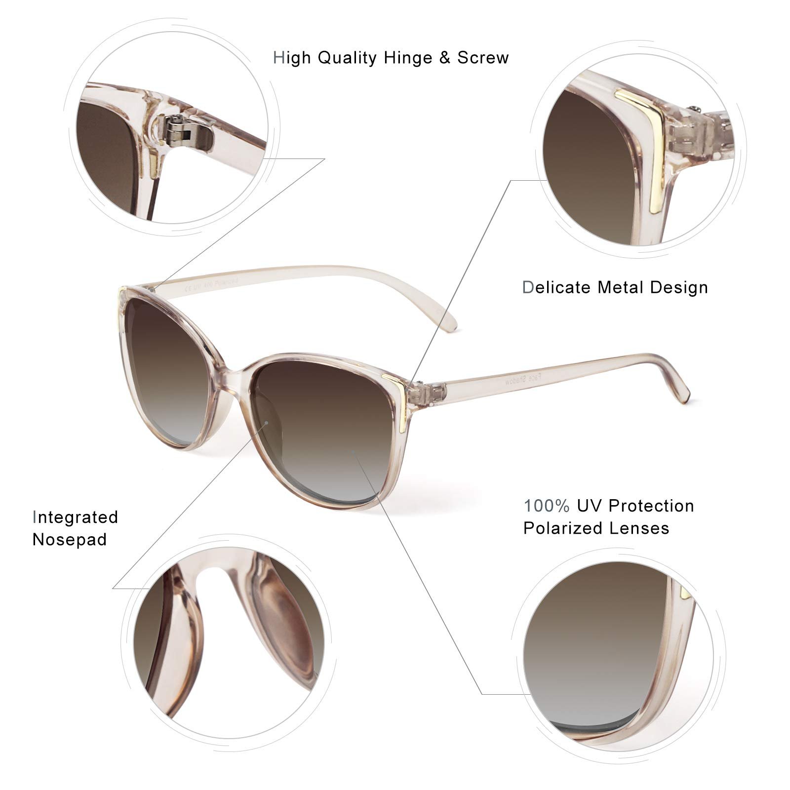 Сонцезахисні окуляри Cateye Face Shadow Поляризовані з UV400 захистом Металева декорація Сучасні Надлегкі Для вулиці, фото №6