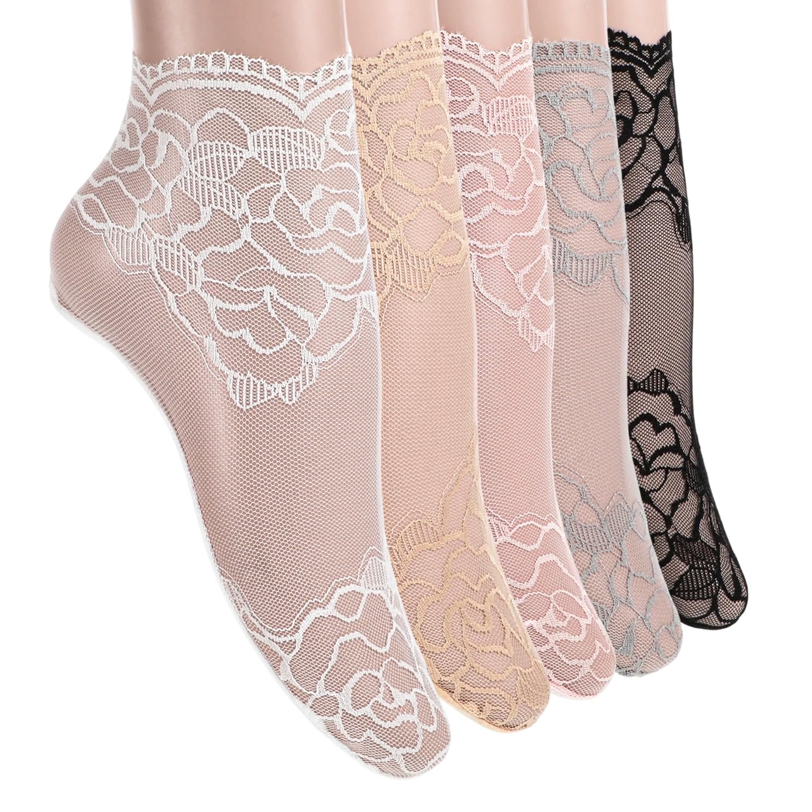 Носки Teaaha Женские, 5 пар коротких носков с кружевами и оборками, летние дышащие, белый/серый/розовый/черный/телесный цвет, один размер 30-40, фото №1