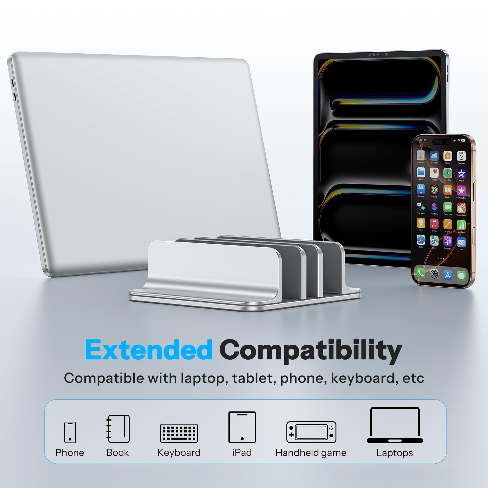 Вертикальна Підставка OMOTON Алюмінієва з 3 Слотами для Ноутбука, Регульована, Срібна, фото №6