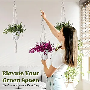 Подвесной держатель для растений Flexzion Macrame Boho 104 см набор из 2 шт. хлопковая веревка Белый synthetic.ua - Фото 1