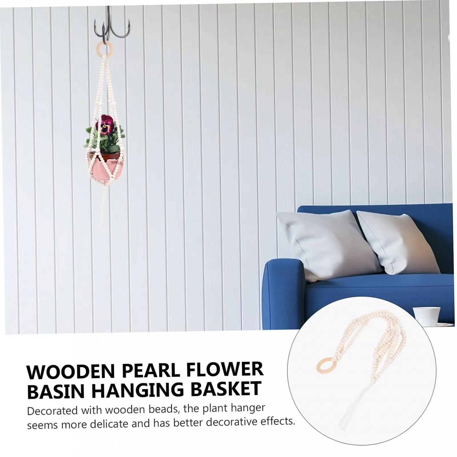 Тримач для рослин HEMOTON настінний макраме з дерев'яними намистинами, фото №4