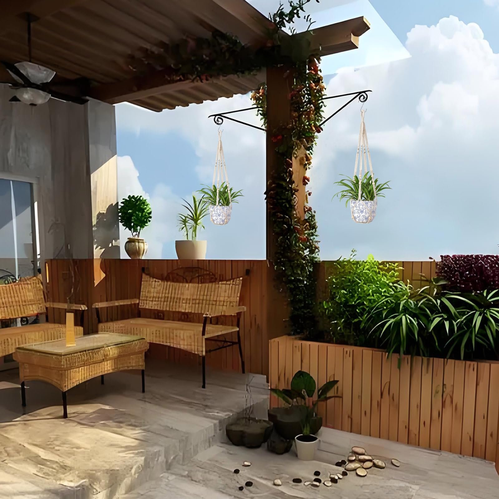 Підвіс макраме для рослин Бавовняна мотузка з дерев’яними намистинами та 2 гачками, фото №7