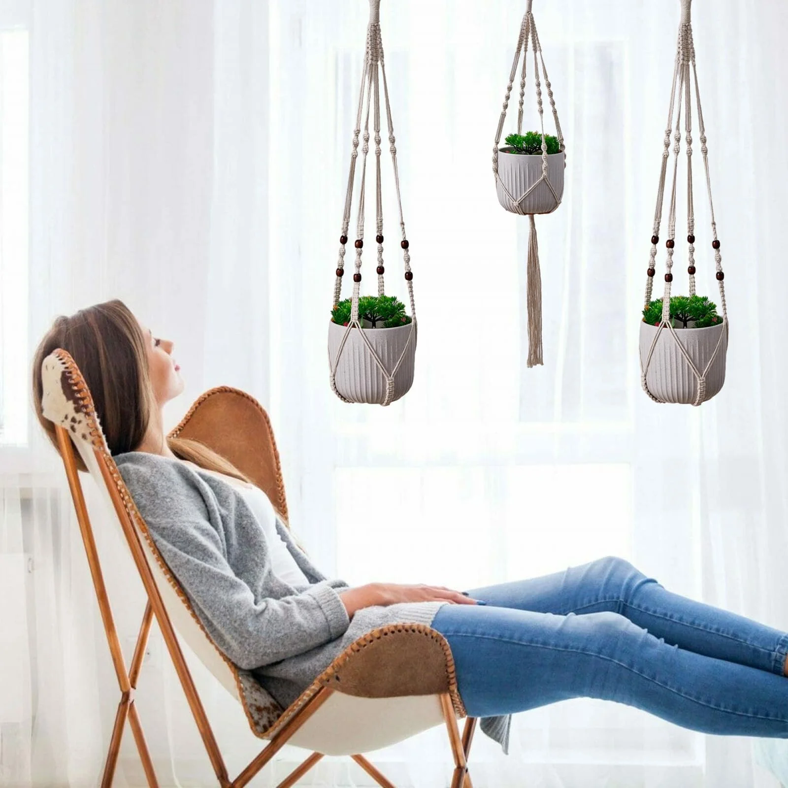 Подвес для растений макраме Набор 3 шт. хлопковый Коричневый, фото №3