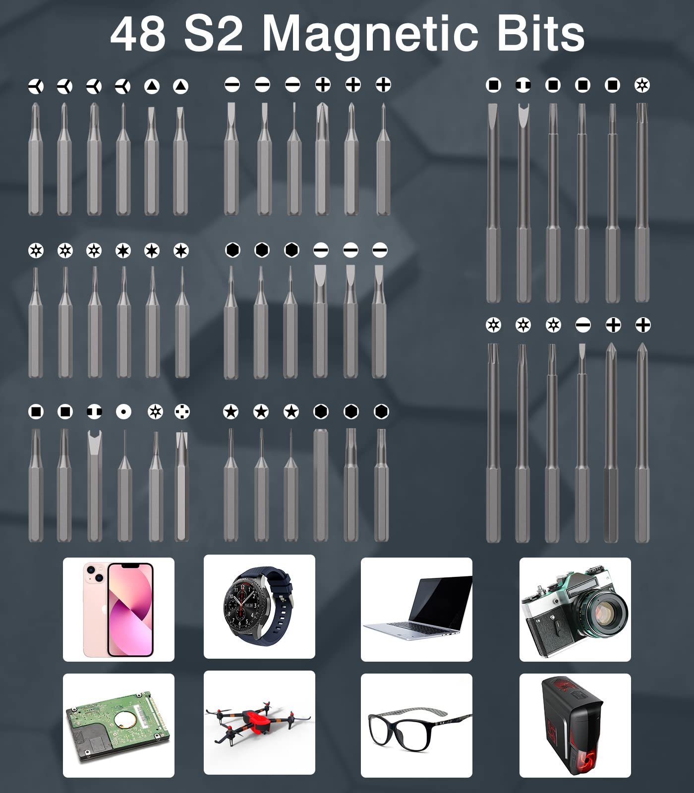 Міні-набір викруток Housolution 62 в 1 електрична з магнітною прецизійною викруткою та LED, 58 штук, для ремонту мобільного телефону, ноутбука, сірий, фото №4
