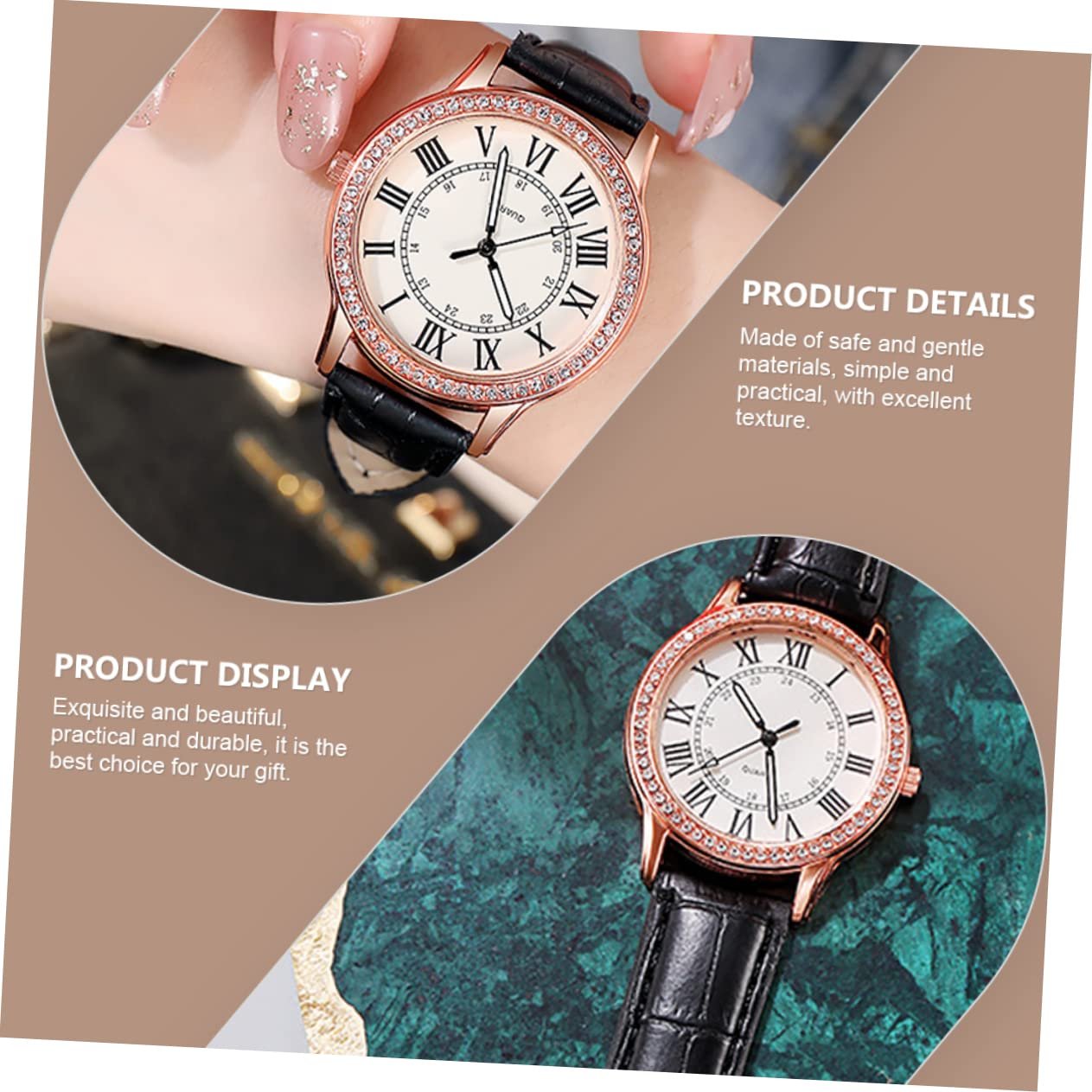 Женские часы Healvian Кварцевые часы с кристаллами с черным кожаным ремешком, фото №2 Женские часы Healvian Кварцевые часы с кристаллами с черным кожаным ремешком, фото №2