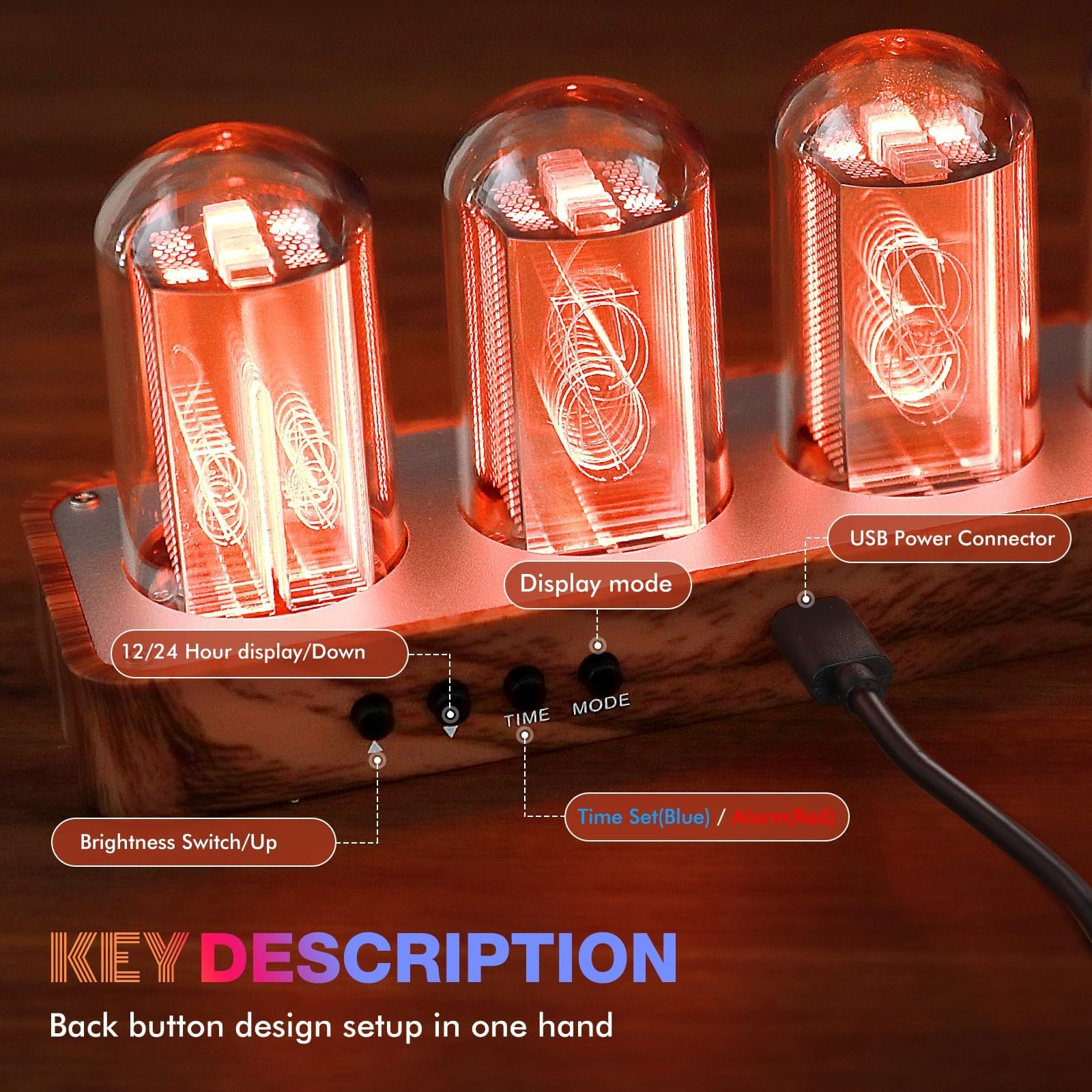 Годинник LED Nixie ClocTeck, Цифровий годинник Nixie Tube, Годинник Nixie Tube, WiFi синхронізація, Будильник, Формат 12/24 години, фото №5
