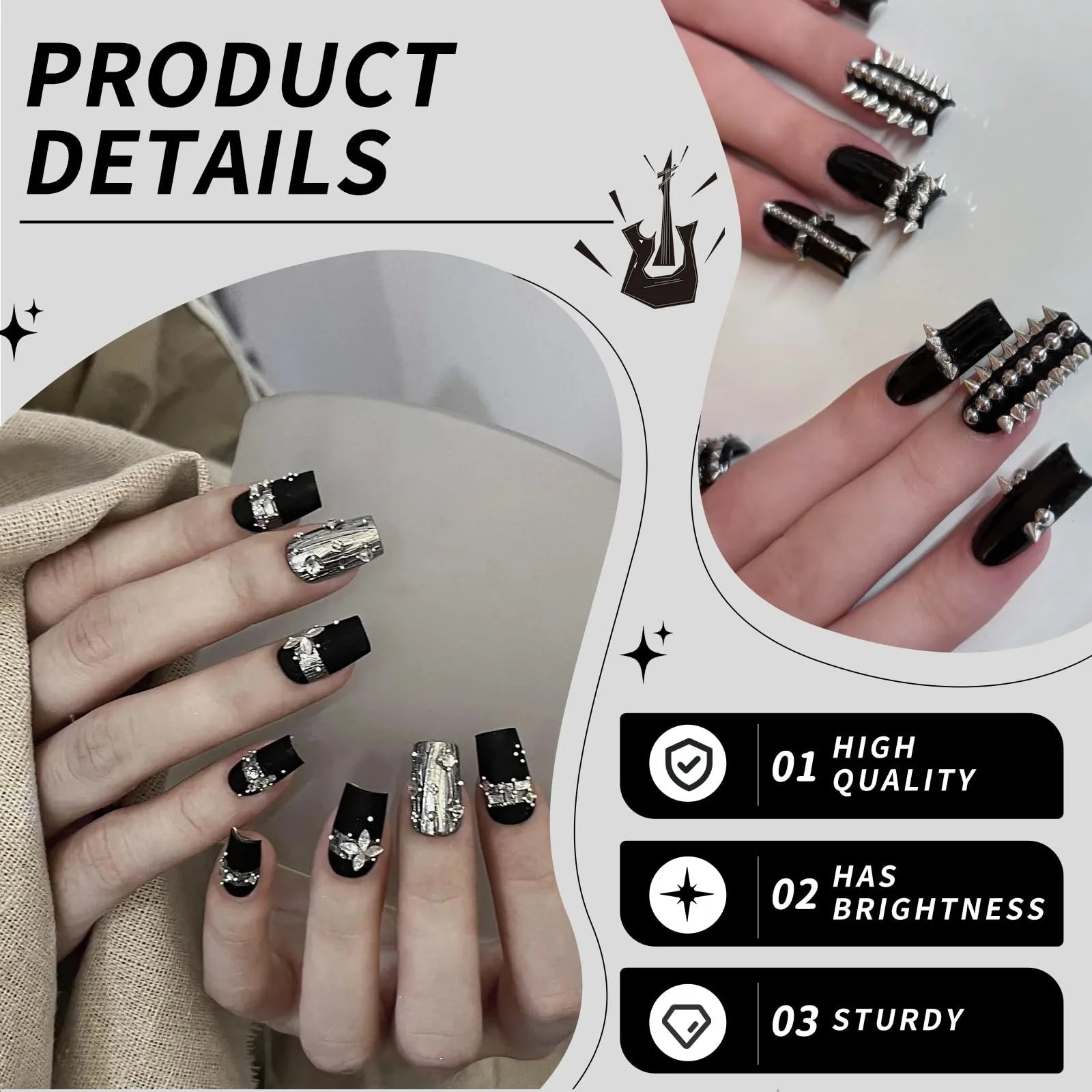 Металеві блискучі камені для нігтів Чорний та срібний, фото №3