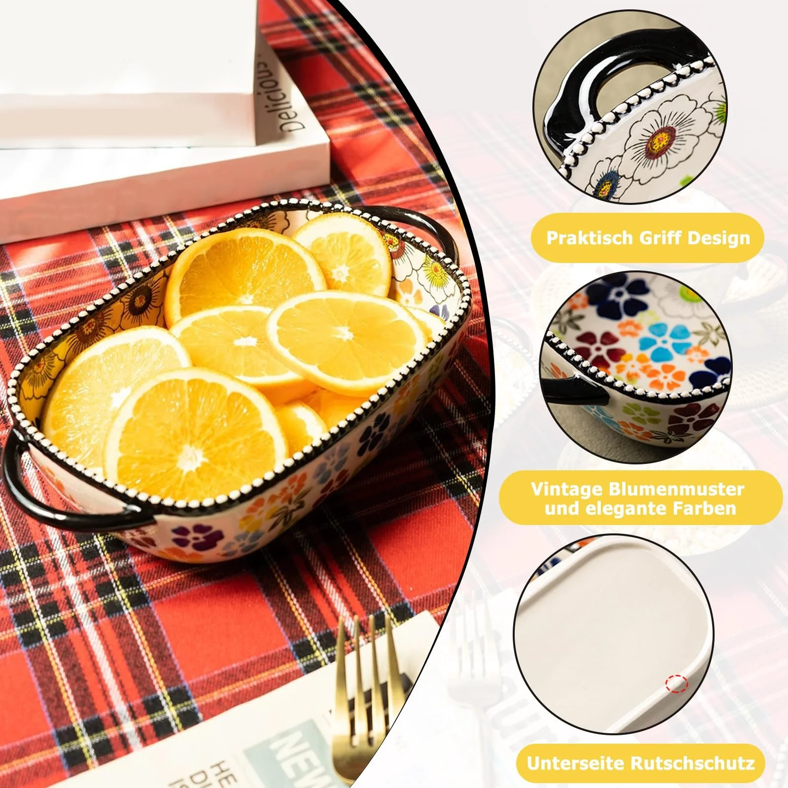 Форма для запекания керамическая круглая 880 мл 24 x 24 x 6 см цветная с ручкой, фото №4