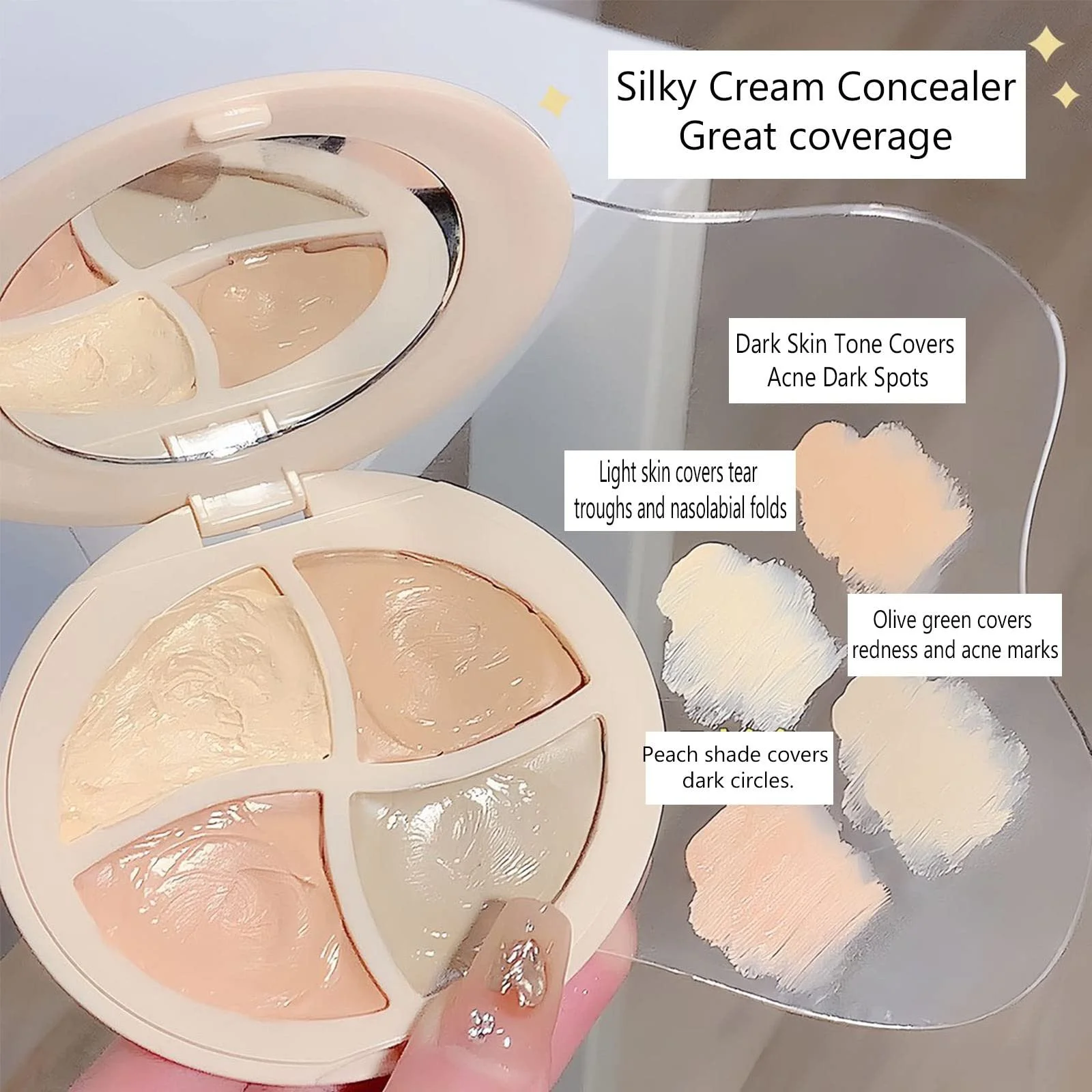 Палетка консилеров 4 цвета с кистью для консилера Палитра для цветокоррекции Полное покрытие для контура лица Стойкий Безупречный Скрывает темные круги, фото №2 Палетка консилеров 4 цвета с кистью для консилера Палитра для цветокоррекции Полное покрытие для контура лица Стойкий Безупречный Скрывает темные круги, фото №2