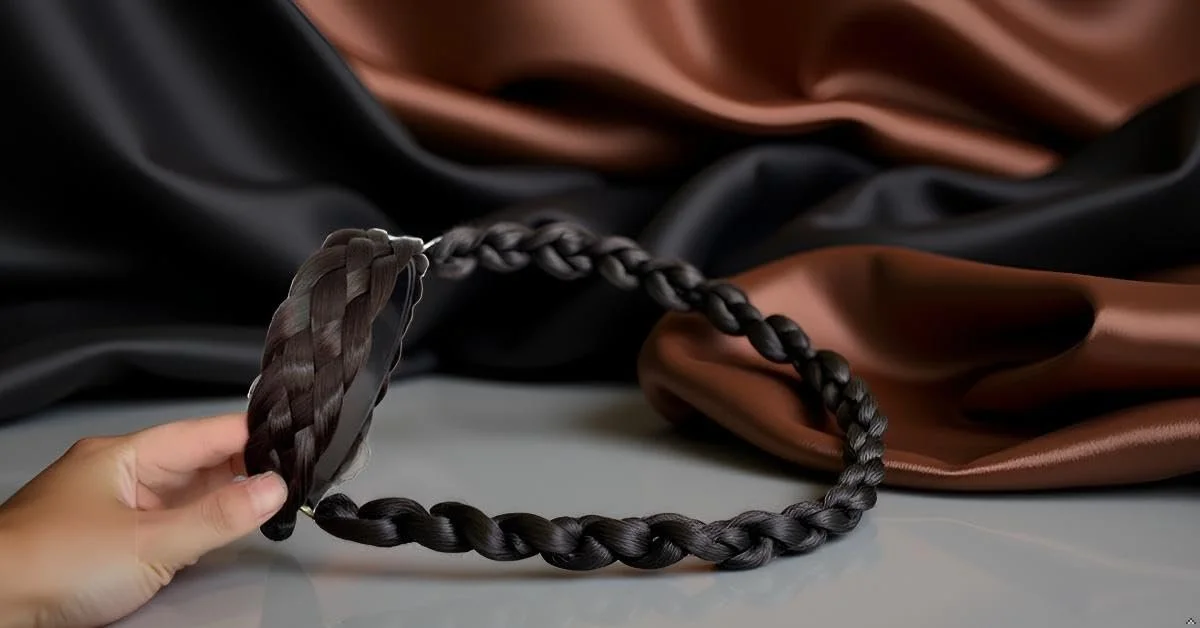 Обруч плетений з широкими полями проста з косою у хвості Чорно-коричневий, фото №6 Обруч плетений з широкими полями проста з косою у хвості Чорно-коричневий, фото №6