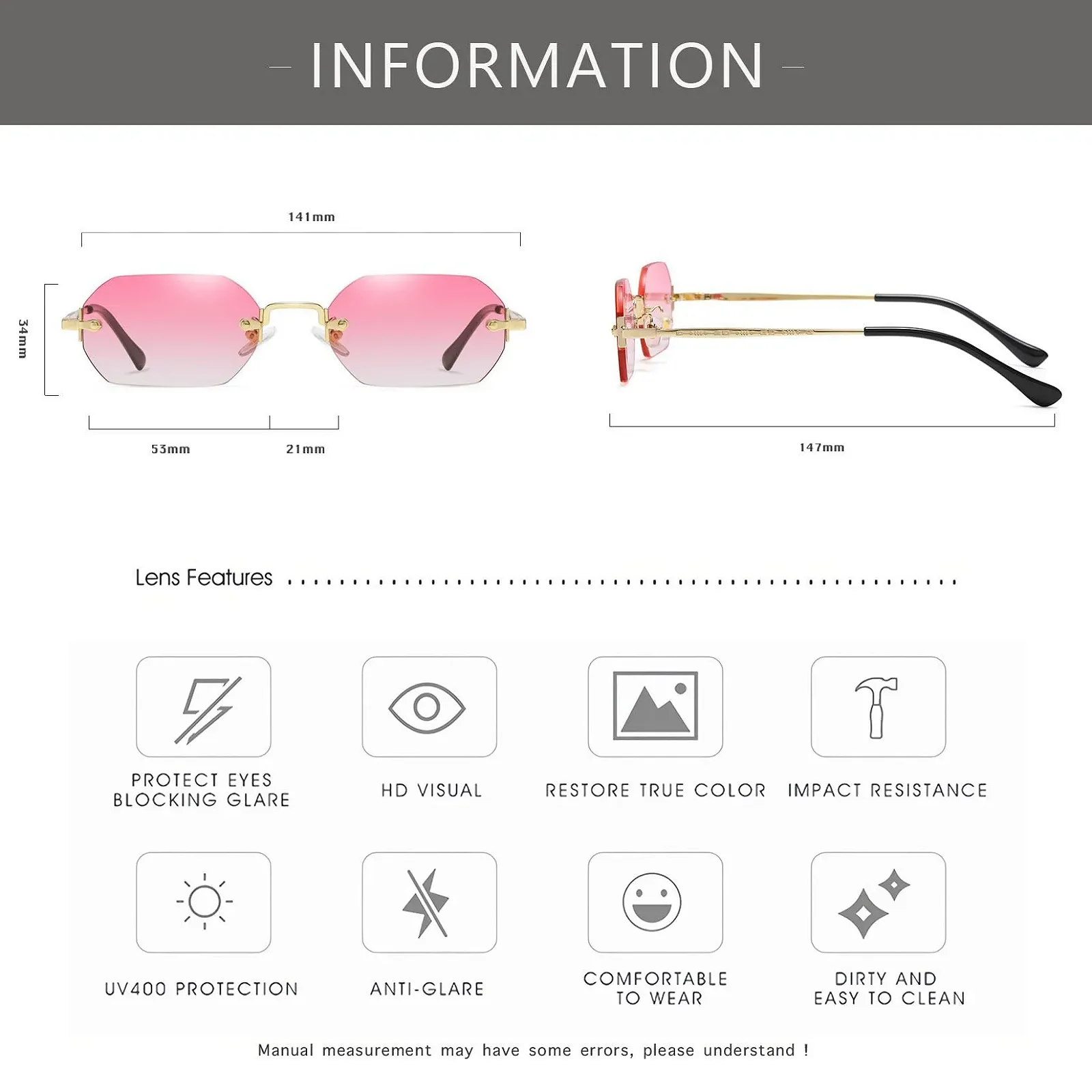 Сонцезахисні окуляри Ретро Без оправи Прямокутні JCTAIFOO Жіночі, фото №3 Сонцезахисні окуляри Ретро Без оправи Прямокутні JCTAIFOO Жіночі, фото №3