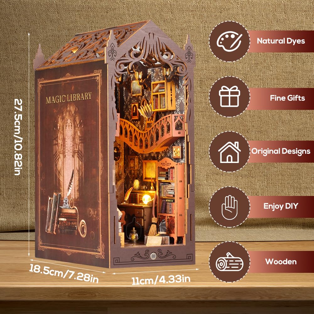 Набір KUWUNG DIY Book Nook з кришкою від пилу, куточок книжкового будиночка з LED світлом і меблями, 3D дерев'яний пазл-вставка для книжкової полиці, Художній, фото №2