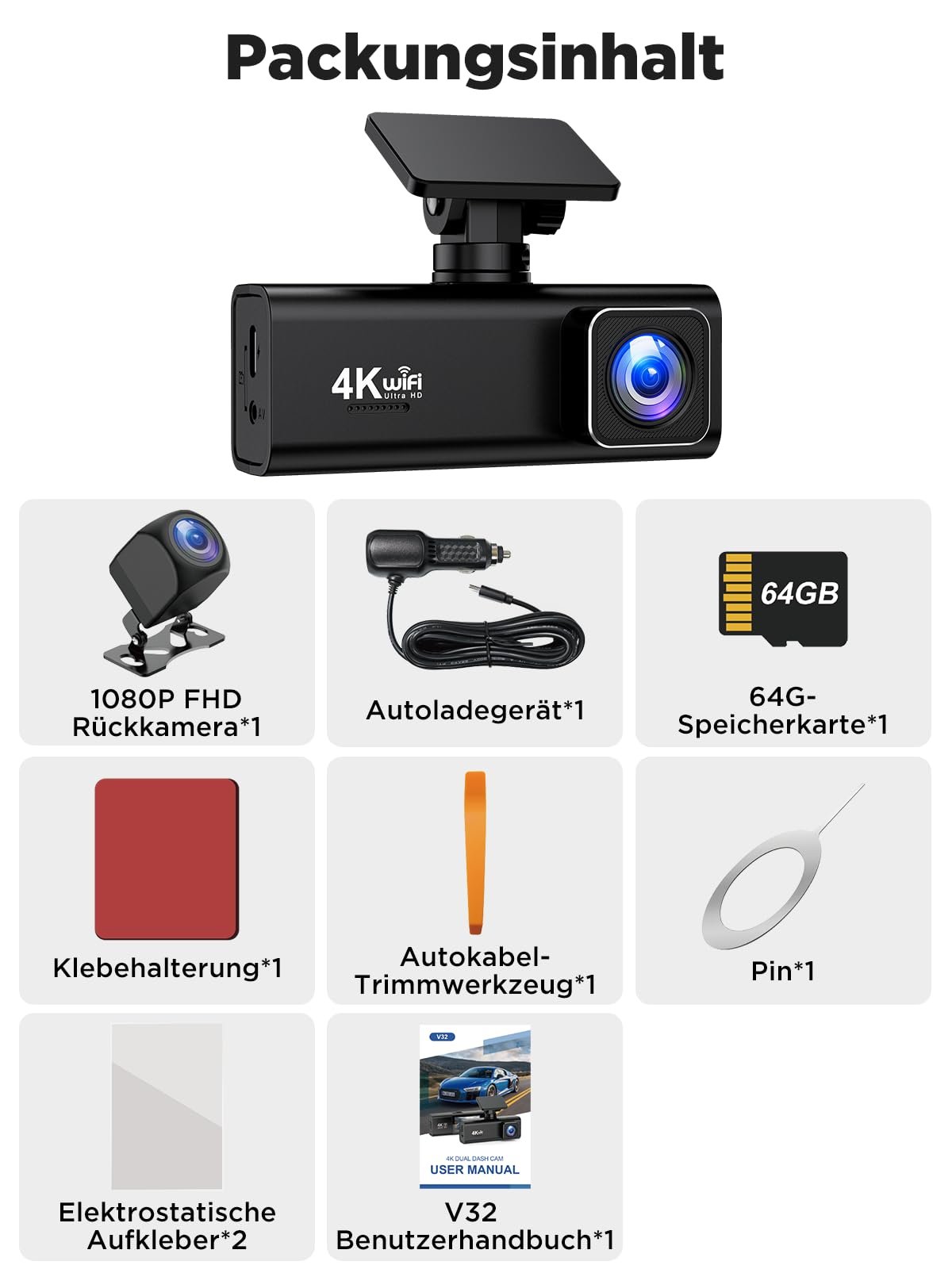 Відеореєстратор Topabol 4K + 1080P, передня і задня камери, WiFi, карта SD 64GB, нічне бачення, 170 градусів, широкий кут огляду, WDR, G-сенсор, циклічний запис, фото №9
