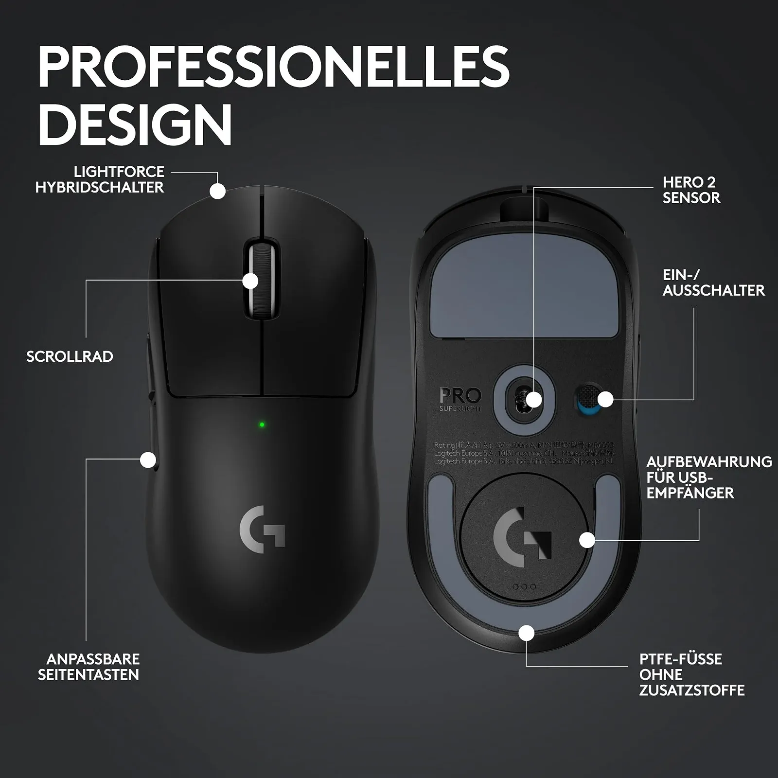 Миша Ігрова Бездротова Logitech G PRO X SUPERLIGHT 2 LIGHTSPEED, 60 г, 8K, швидкість опитування, 44K DPI, 5 програмованих кнопок, USB-C, PC та Mac - Чорна, фото №7