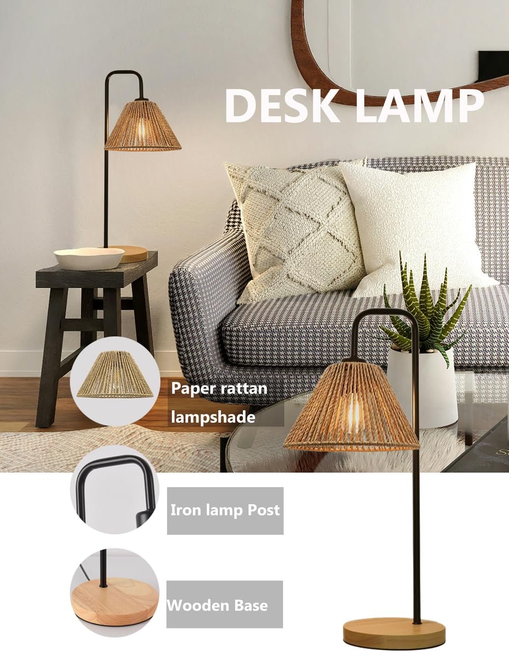 Настільна лампа Boho Rattan E27 44 см, фото №3