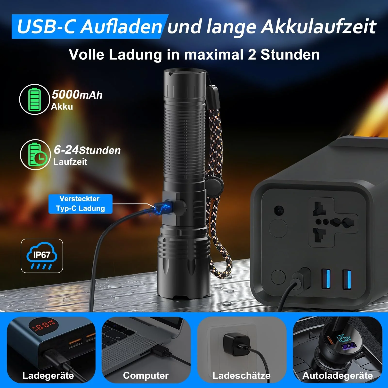 LED Ліхтар USB C Перезаряджуваний 50000 Люмен 24 Години Час Роботи Зум з 5 Режимами Освітлення IP67 Водонепроникний Акумуляторний Тактичний для Кемпінгу Пішого Туризму Надзвичайних Ситуацій, фото №4