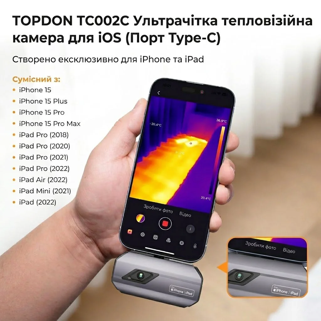 Тепловизионная камера TOPDON TC002C 256 x 192 40mk 25Hz Серая, фото №6 Тепловизионная камера TOPDON TC002C 256 x 192 40mk 25Hz Серая, фото №6