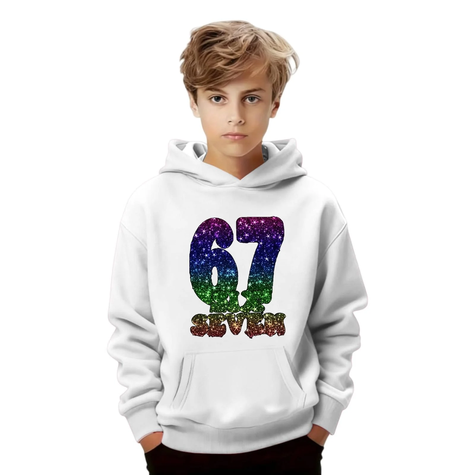 Толстовка Pullover 67 Karneval для детей 6 7 с номером, принт Туника Топы Ретро Six Seven с длинными рукавами Капюшон Вечерние свитшоты Детский теплый Y2k костюм, фото №5