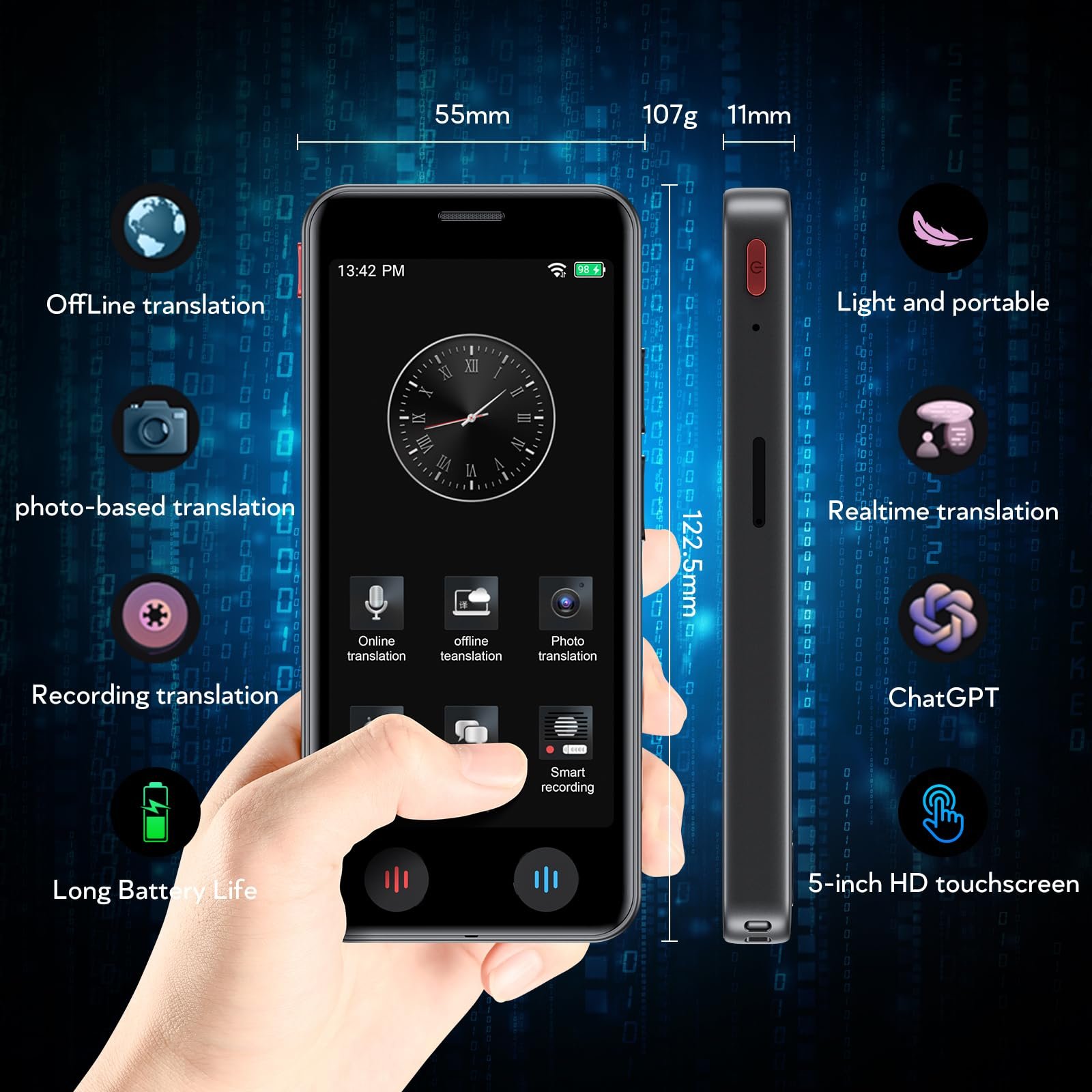 Перекладач A40, Голосовий AI з 5-дюймовим екраном, Фотопереклад 8 Mп, 139 мов, фото №5