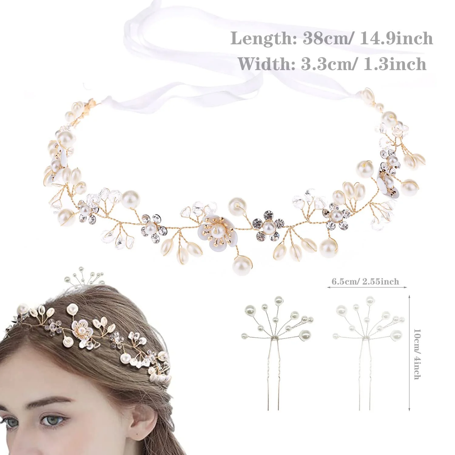 Вінок для волосся Allazone з кристалами та 2 шпильки для волосся з перлами та стразами, золотий, фото №2 Вінок для волосся Allazone з кристалами та 2 шпильки для волосся з перлами та стразами, золотий, фото №2