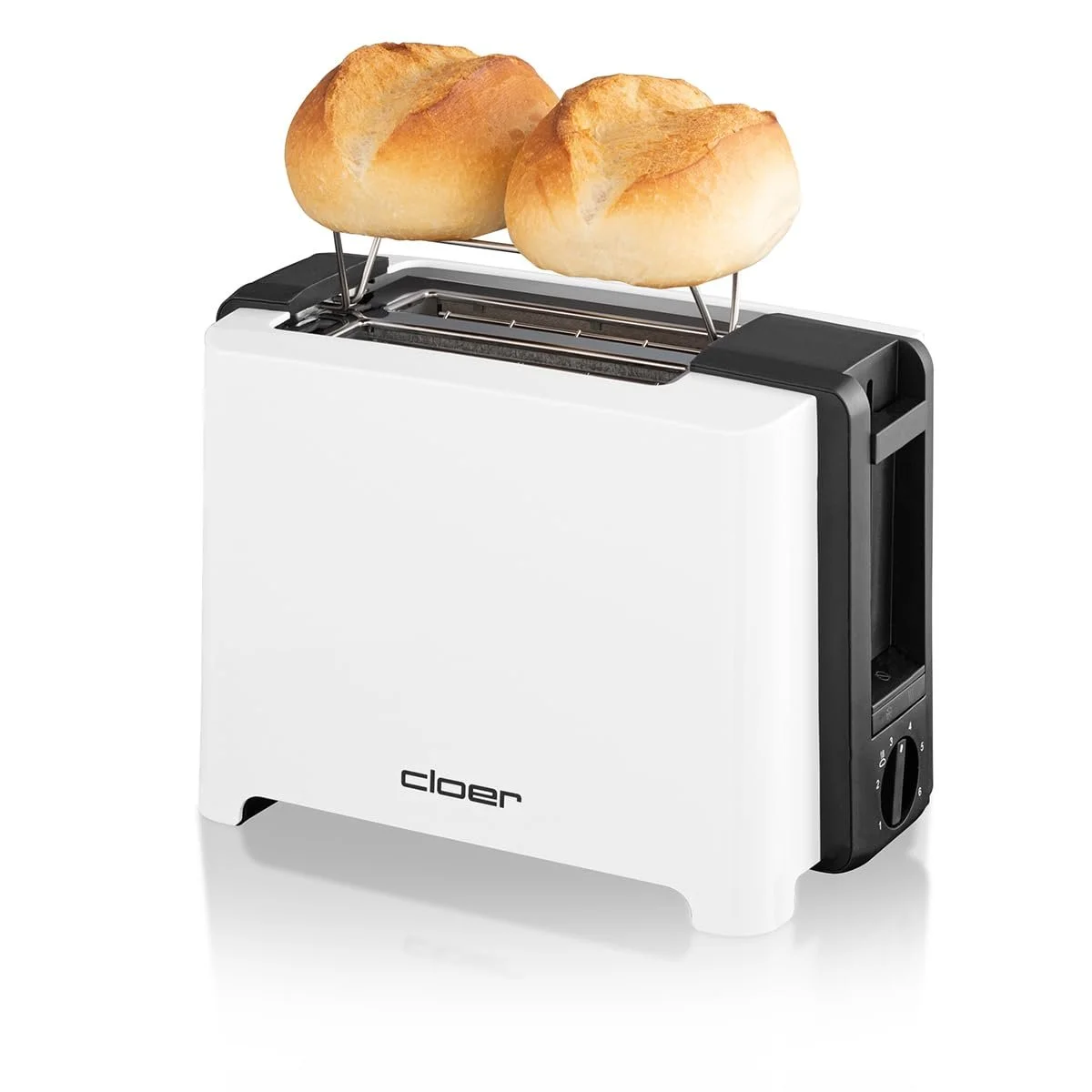 Тостер Cloer 3531 для 2 скибочок XXL тосту, 750-900 Ватт, функція перевірки тосту, насадка для хліба, функція розморожування, підйомний пристрій, білий, фото №4