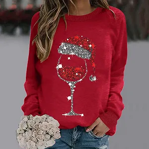 Худи tsaChick Женская Зимняя Модная Толстовка с принтом бокала красного вина, снеговика, круглым вырезом, длинными рукавами, черного цвета synthetic.ua - Фото 1
