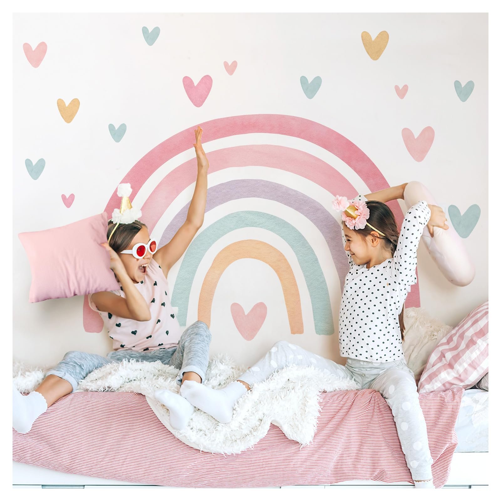 Наклейка на стену Little Deco DL5092 M Радуга с сердечками Розовый Зеленый Желтый, фото №1