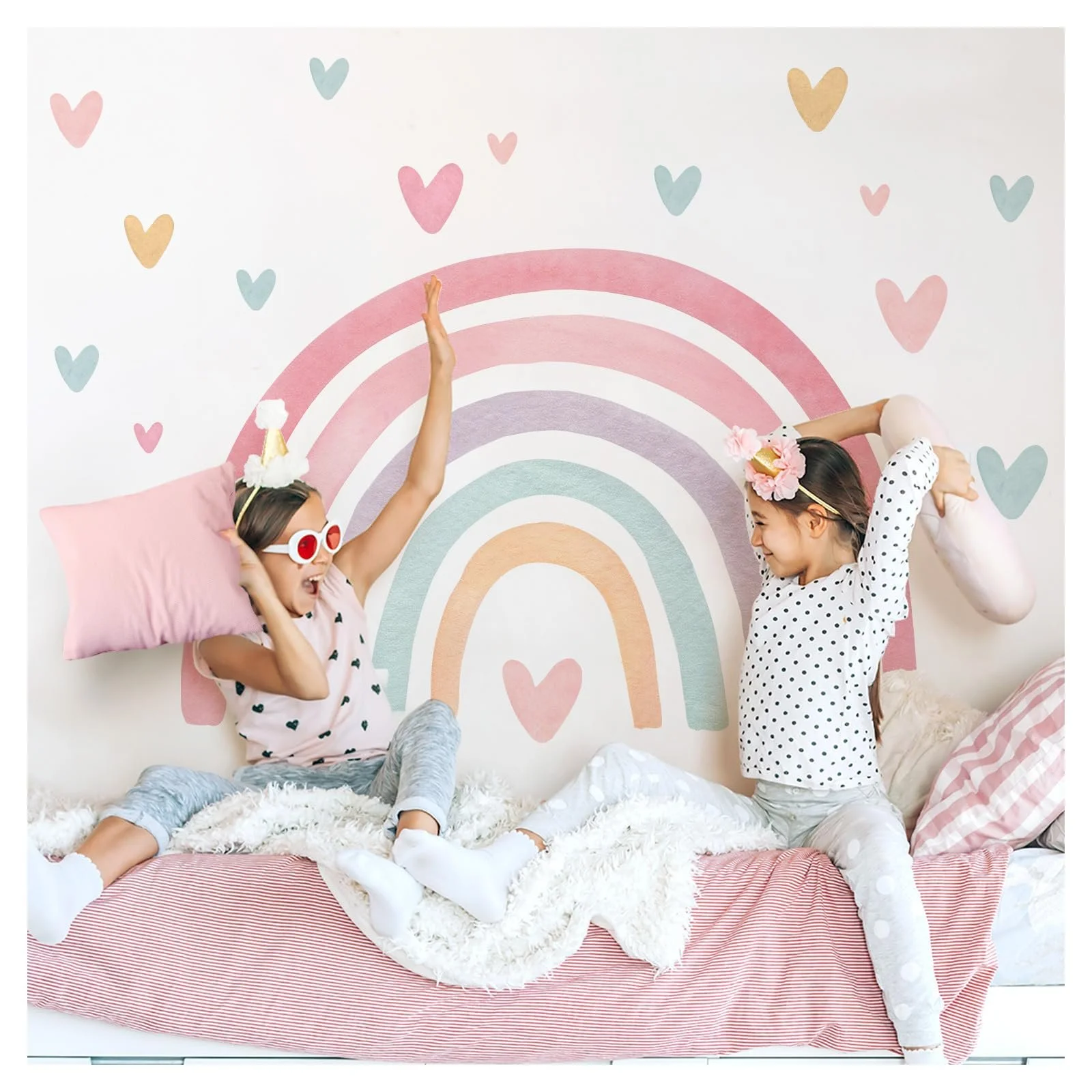 Наклейка на стену Little Deco DL5092 M Радуга с сердечками Розовый Зеленый Желтый, фото №1