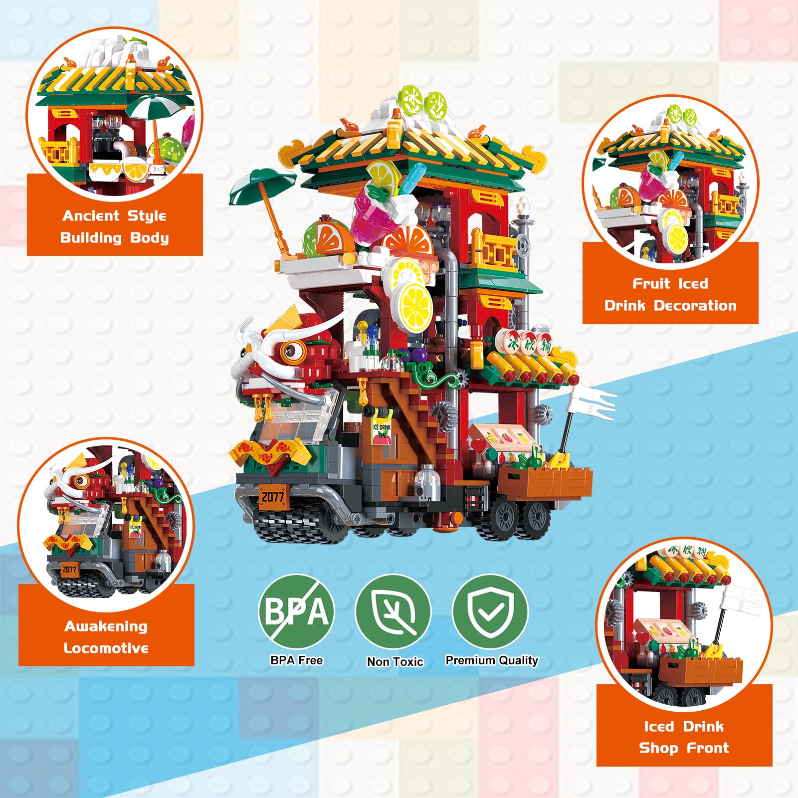 Блоки Hallisun City Ice Drink Shop Truck Mini Stone Street Landscape Creative Architecture Educational Toy, фото №3