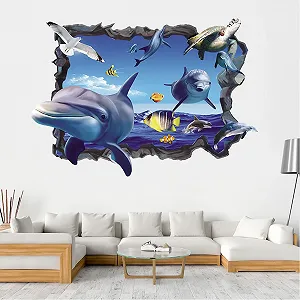 Наклейка на стіну 3D False Window Sea Self-Adhesive Underwater World Dolphin Fish Turtle Seaweed 40 x 57 см - Фото 1