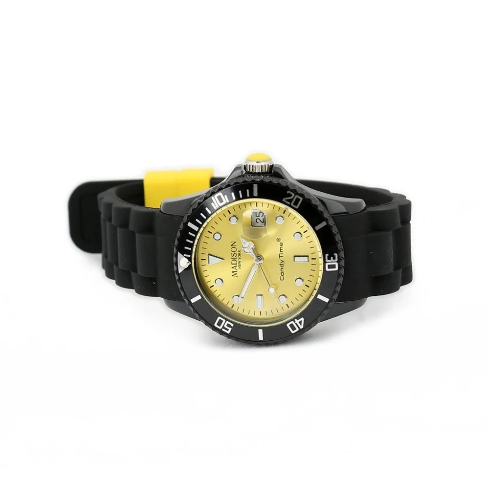 Унисекс Часы Madison Date Classic Кварцевые с резиновым ремешком U4486-02, черный/желтый, размер Unit, лента, фото №2 Унисекс Часы Madison Date Classic Кварцевые с резиновым ремешком U4486-02, черный/желтый, размер Unit, лента, фото №2