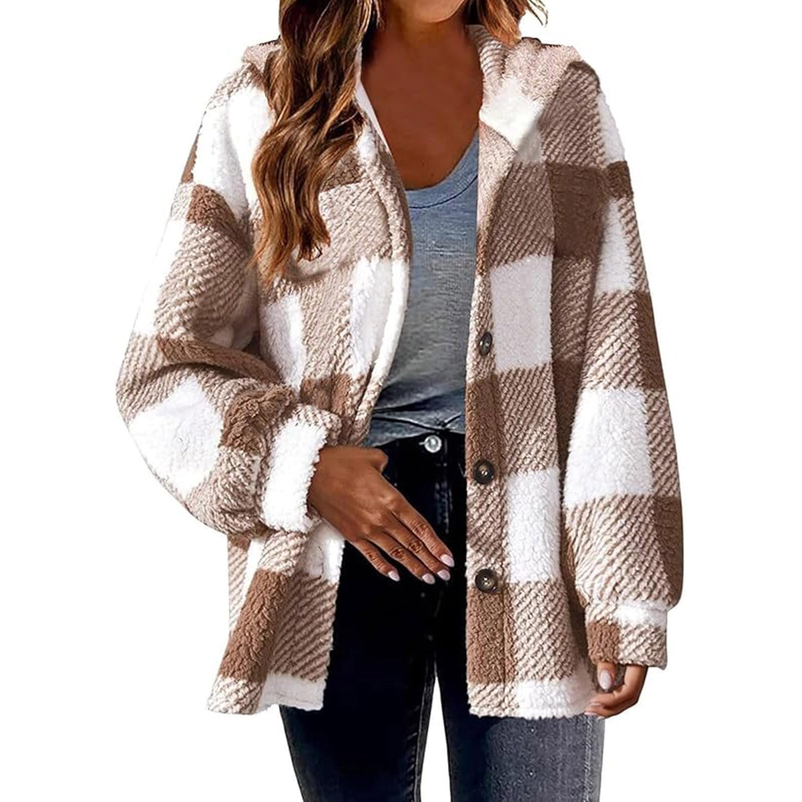 Жіноча куртка Teddy Флісова в клітинку з капюшоном, зимова плюшева куртка, фото №5