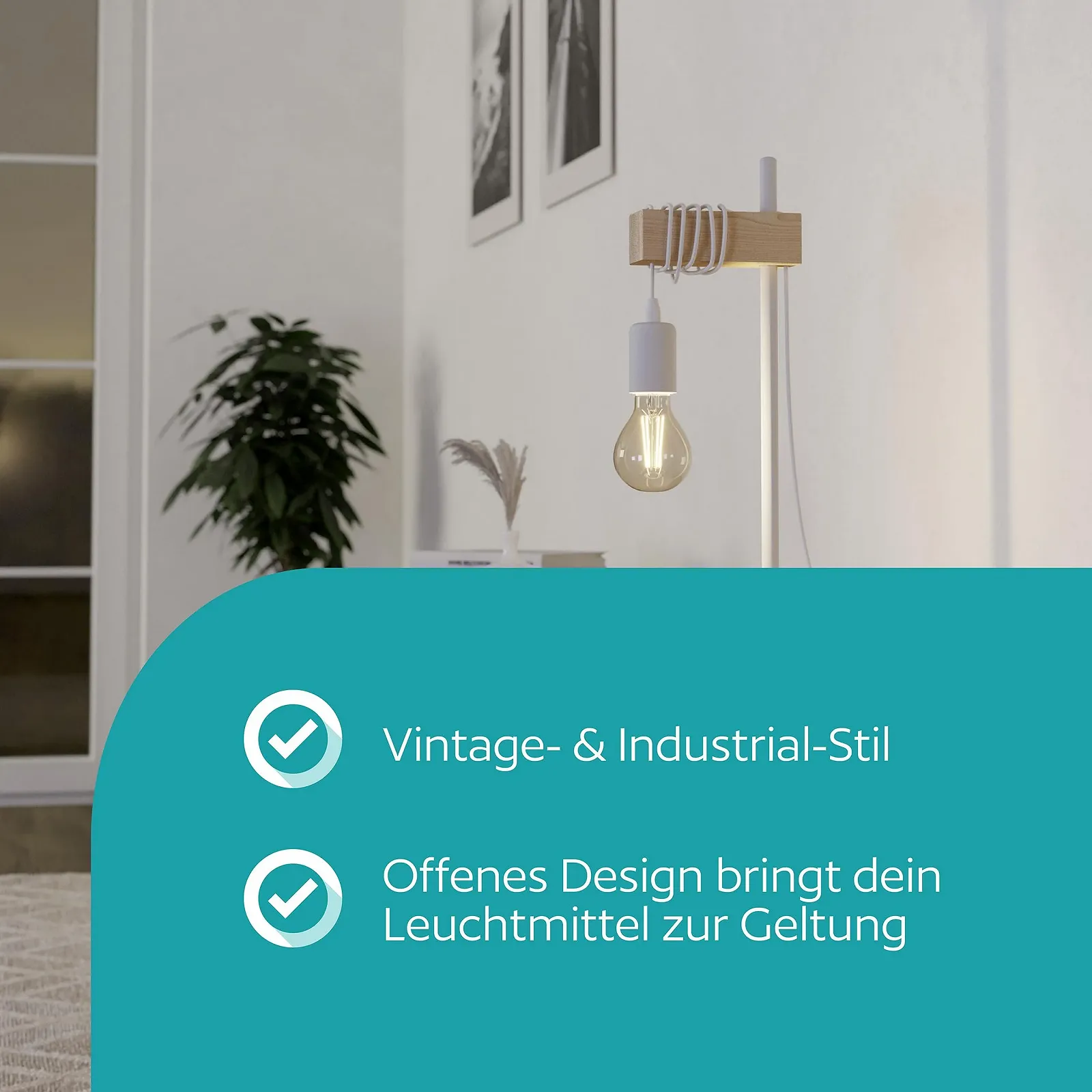 Настільна лампа Eglo Townshend дерево та сталь біла E27, фото №2