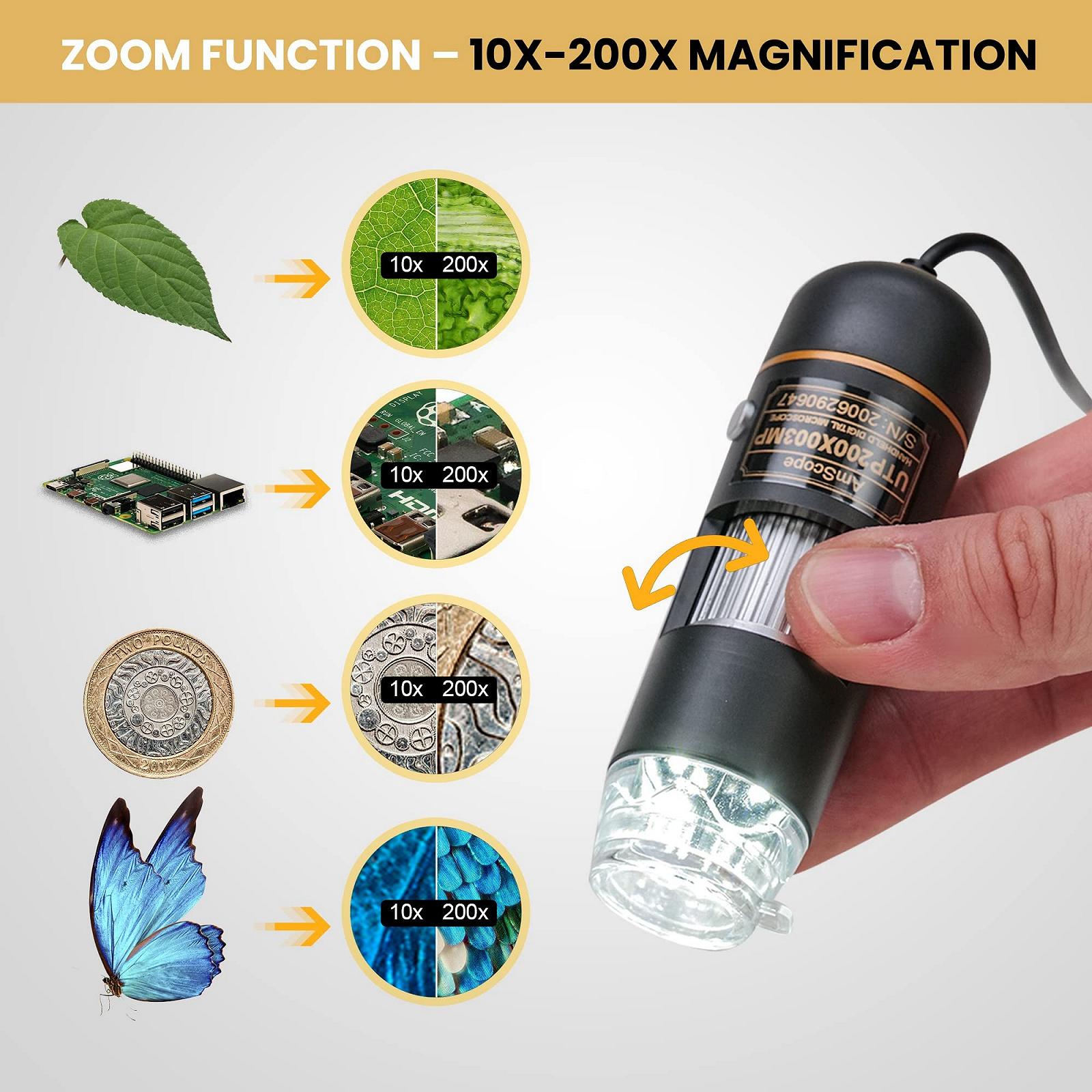 Цифровой USB микроскоп 200X 2MP 8-LED с увеличением для XP/Vista/7/8 и Mac, фото №4