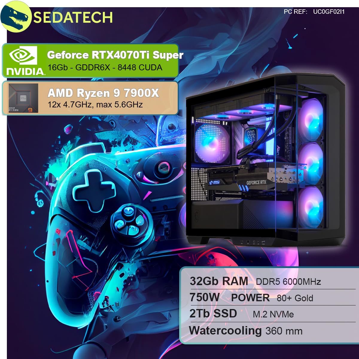 ПК Sedatech Advanced Gaming Water Cooling AMD Ryzen 9 7900X RTX4070Ti Super 32GB DDR5 2TB SSD M.2 Без ОС, фото №2