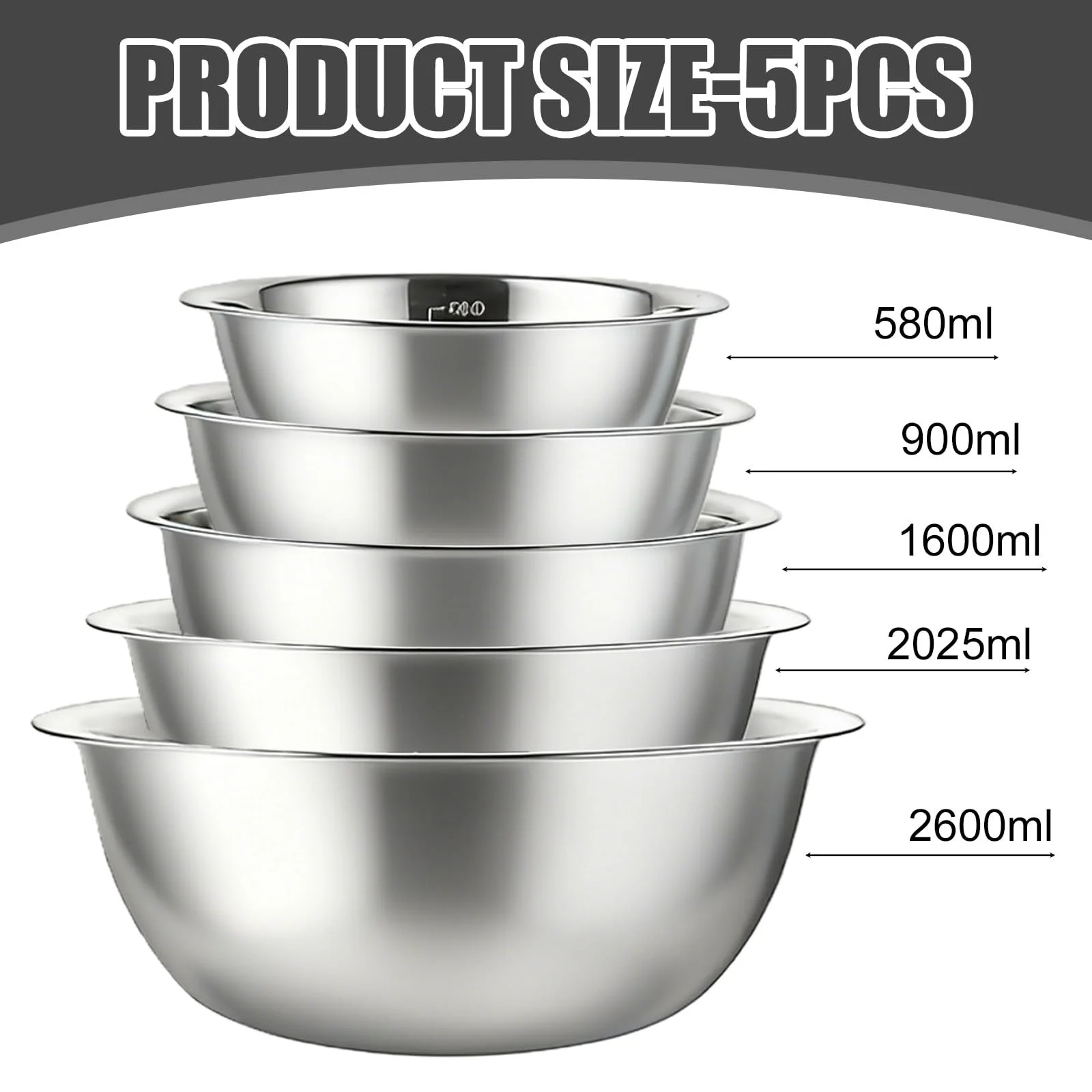 Набір мисок для змішування Stainless Steel 5 предметів 0.58 л/0.9 л/1.6 л/2 л/2.6 л Сталевий, фото №2