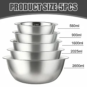 Набір мисок для змішування Stainless Steel 5 предметів 0.58 л/0.9 л/1.6 л/2 л/2.6 л Сталевий synthetic.ua - Фото 1