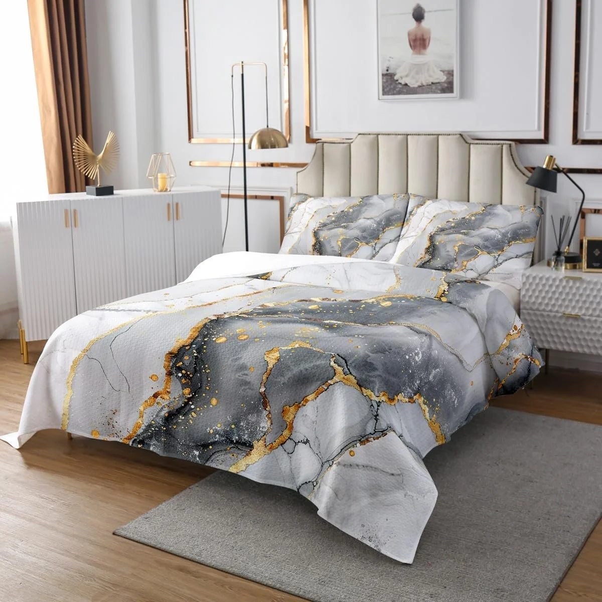 Покривало feelingyou Сірий мармур 220 x 240 см стьобаний набір з 3 предметів для декору кімнати підлітків, 2 наволочки, фото №2