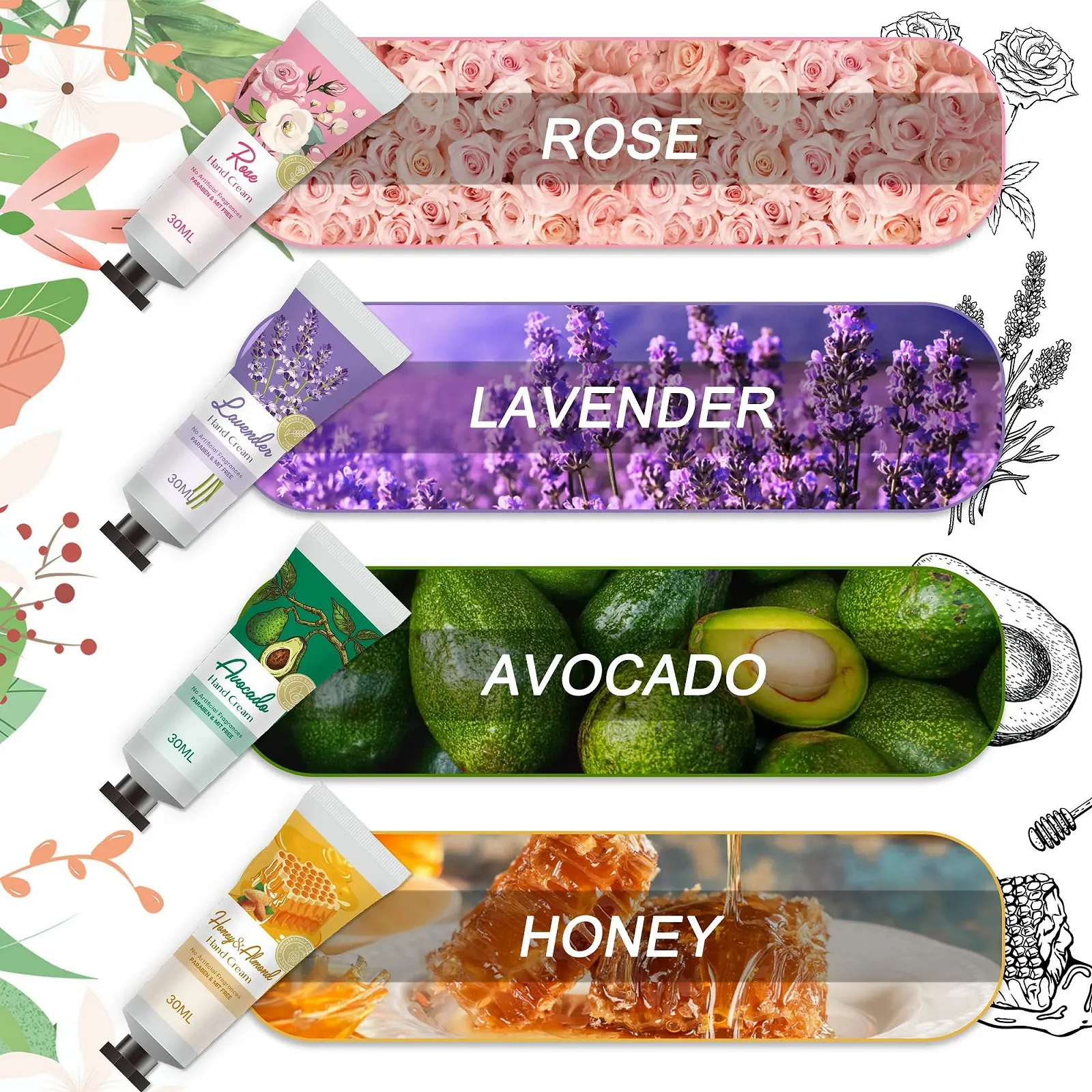 Набор: Крем для рук KIYTARBOO 4 x 30 г, Ароматические свечи 4 x 90 г, фото №2