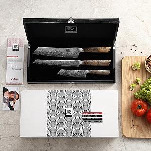 Набір ножів Zayiko Professional Series Premium 3 Damascus: ніж шеф-кухаря 20 см, ніж для м'яса 20 см, універсальний ніж 12 см, дамаська сталь, руків'я з клену, з блоком для ножів synthetic.ua - Фото 1
