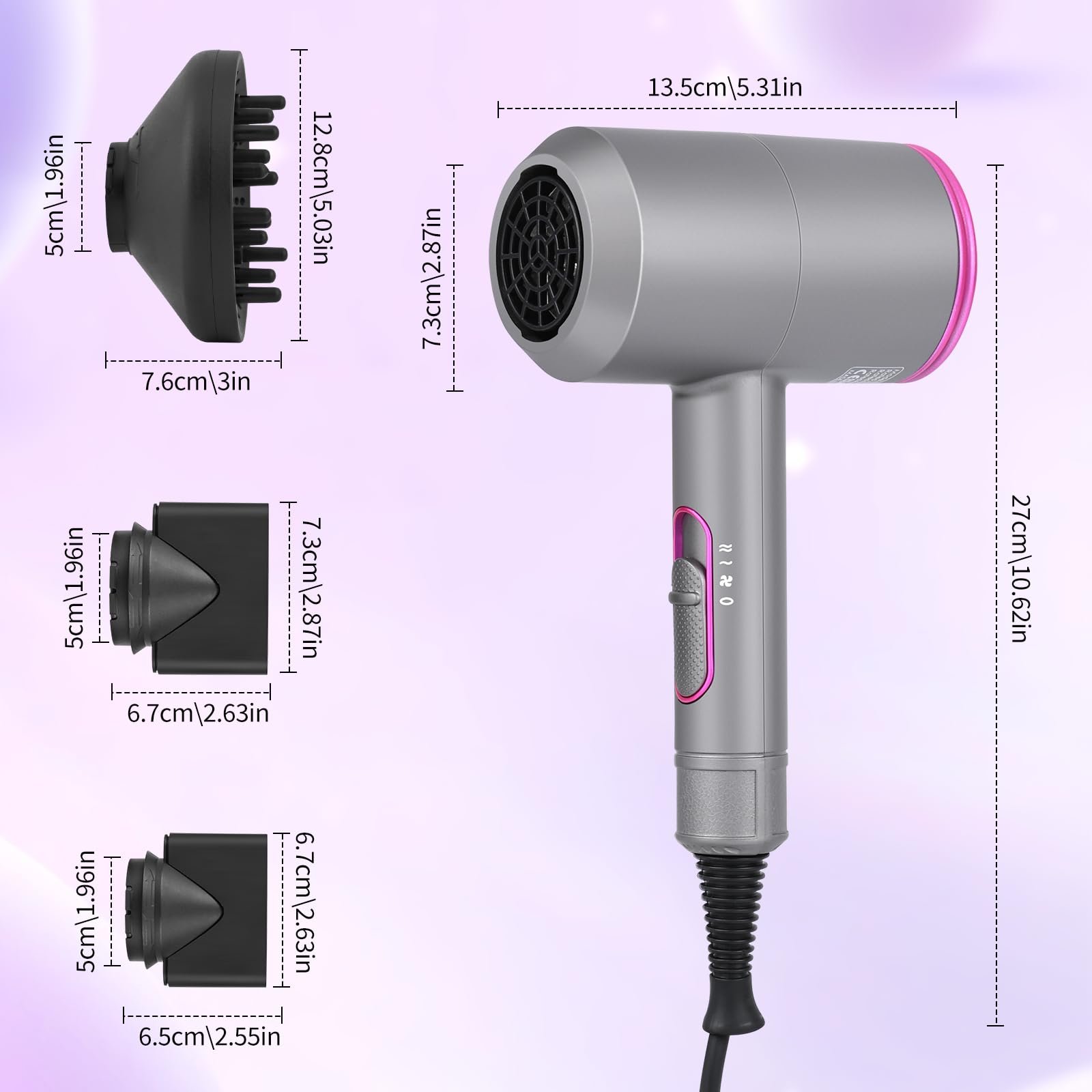 Фен Euakee Professional 2000 Вт, для швидкого сушіння, дорожній, 2 швидкості, 3 температурні режими, 1 дифузор та 2 концентратори, сірий, фото №8